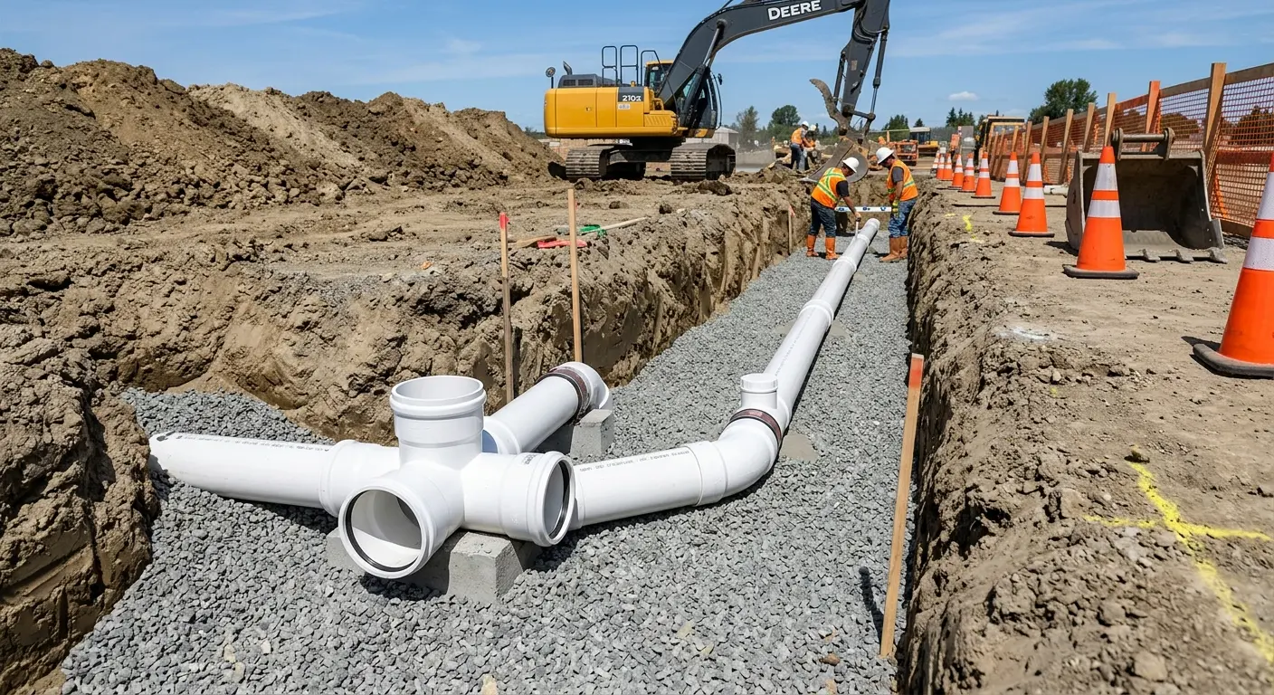 New PVC sewer pipe installation in open trench for Sewer Backup in Lawrence