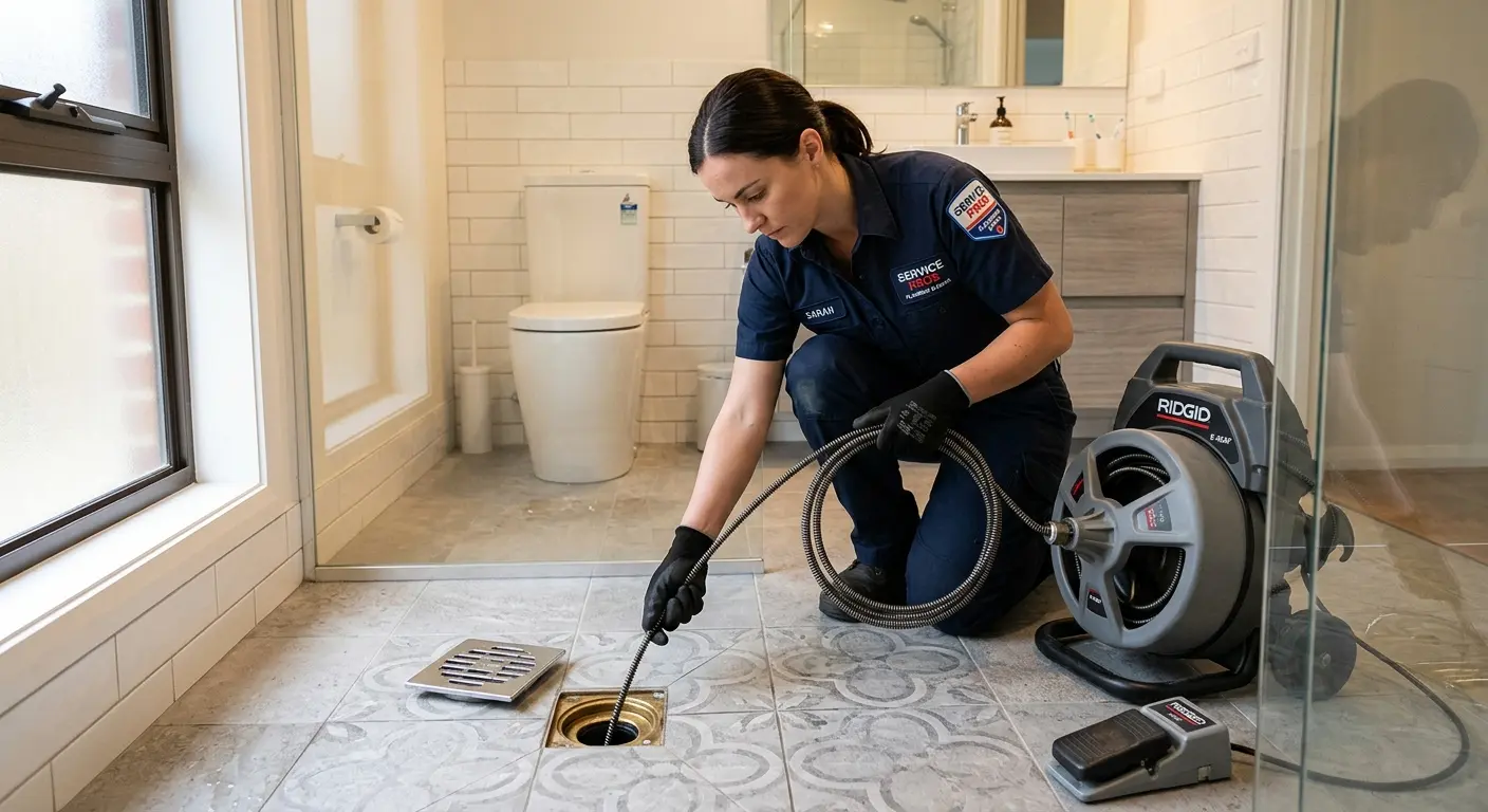 Technician clearing a bathroom floor drain for Hydro Jetting in Lawrence